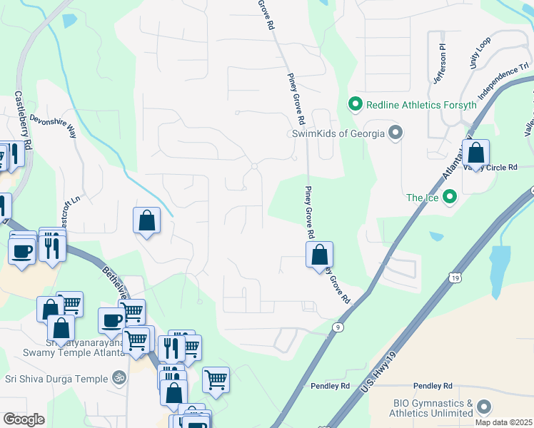 map of restaurants, bars, coffee shops, grocery stores, and more near 5835 Sterling Court in Cumming