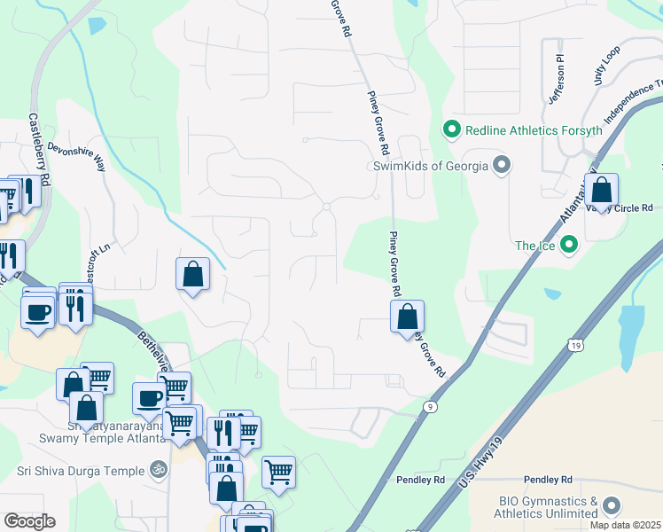 map of restaurants, bars, coffee shops, grocery stores, and more near 5830 Sterling Court in Cumming