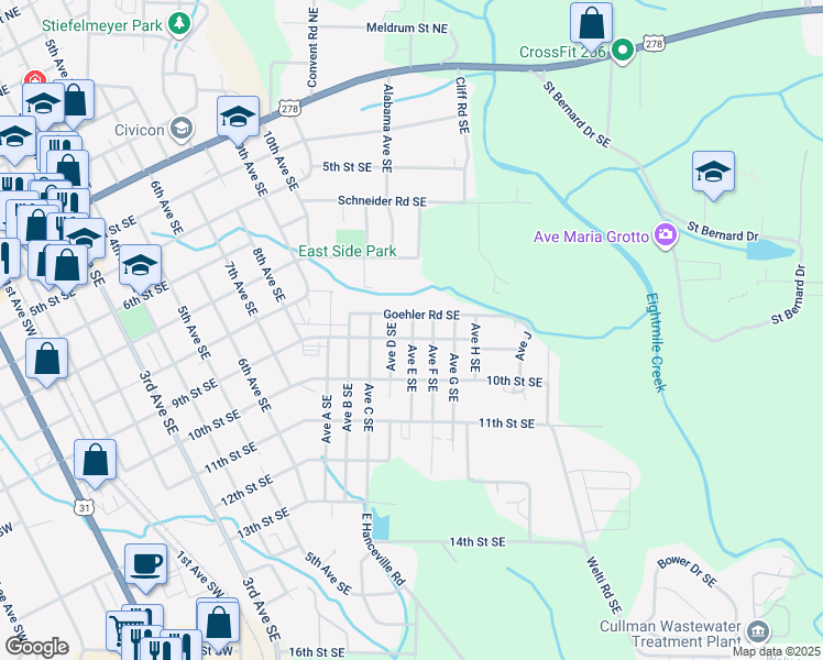 map of restaurants, bars, coffee shops, grocery stores, and more near 804 Avenue East Southeast in Cullman
