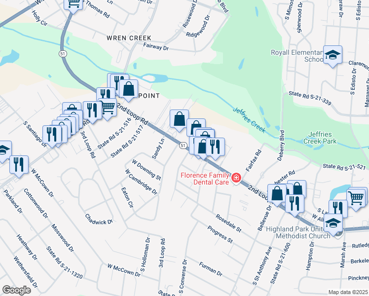 map of restaurants, bars, coffee shops, grocery stores, and more near 2056 2nd Loop Road in Florence