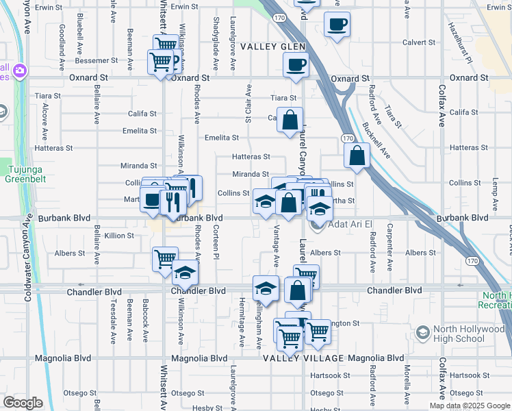 map of restaurants, bars, coffee shops, grocery stores, and more near 5618 Saint Clair Avenue in Los Angeles