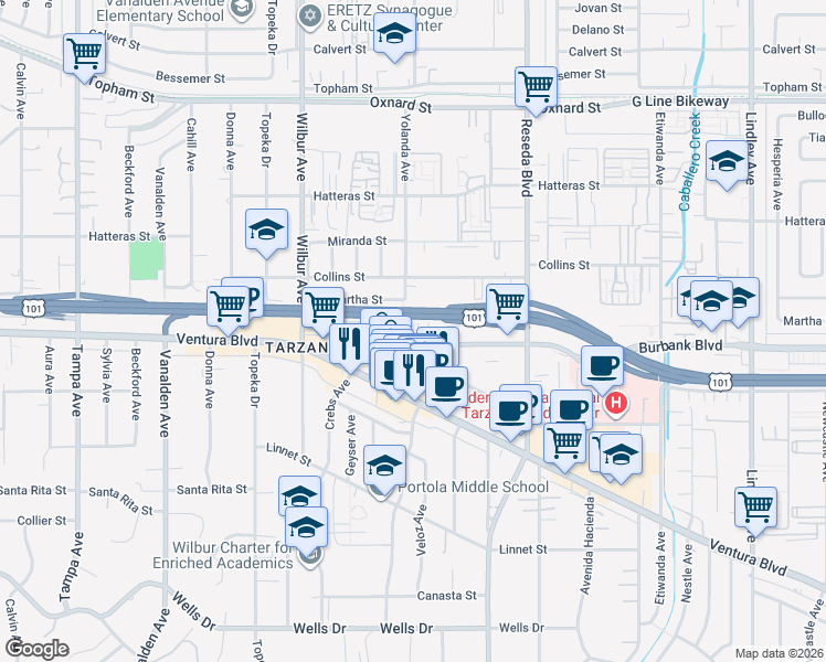 map of restaurants, bars, coffee shops, grocery stores, and more near in Los Angeles