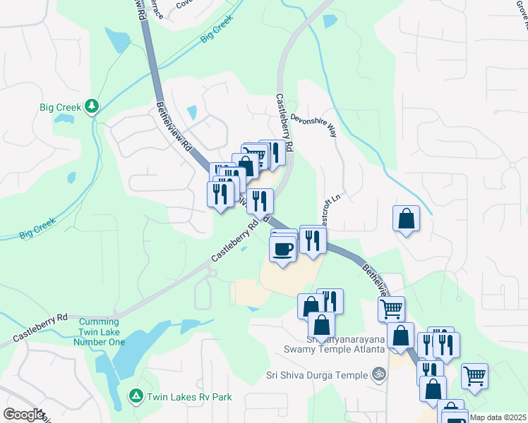 map of restaurants, bars, coffee shops, grocery stores, and more near 5299 Castleberry Road in Cumming