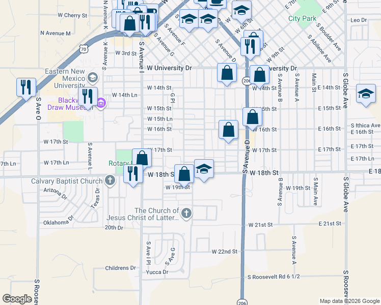 map of restaurants, bars, coffee shops, grocery stores, and more near 725 West 17th Street in Portales
