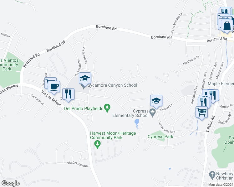 map of restaurants, bars, coffee shops, grocery stores, and more near 4372 Via Entrada in Thousand Oaks