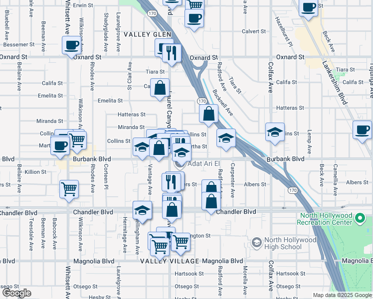 map of restaurants, bars, coffee shops, grocery stores, and more near 12022 Martha Street in Los Angeles