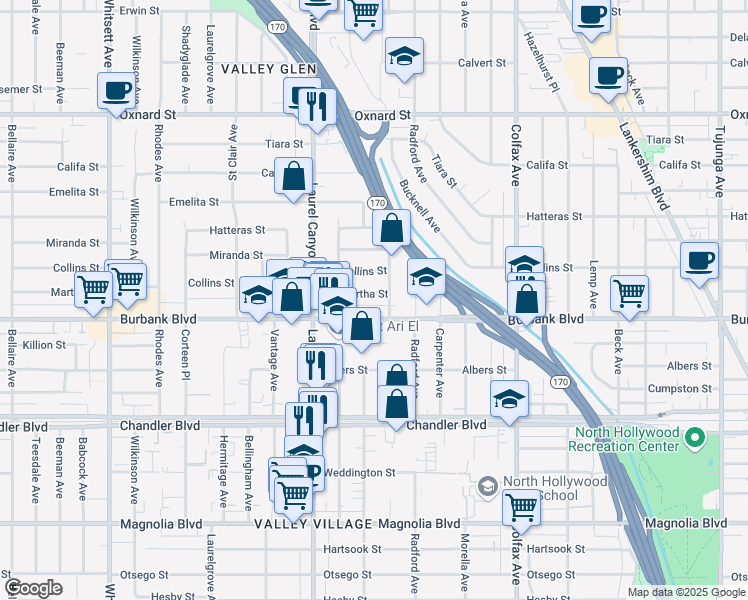 map of restaurants, bars, coffee shops, grocery stores, and more near 11952 Martha Street in Los Angeles