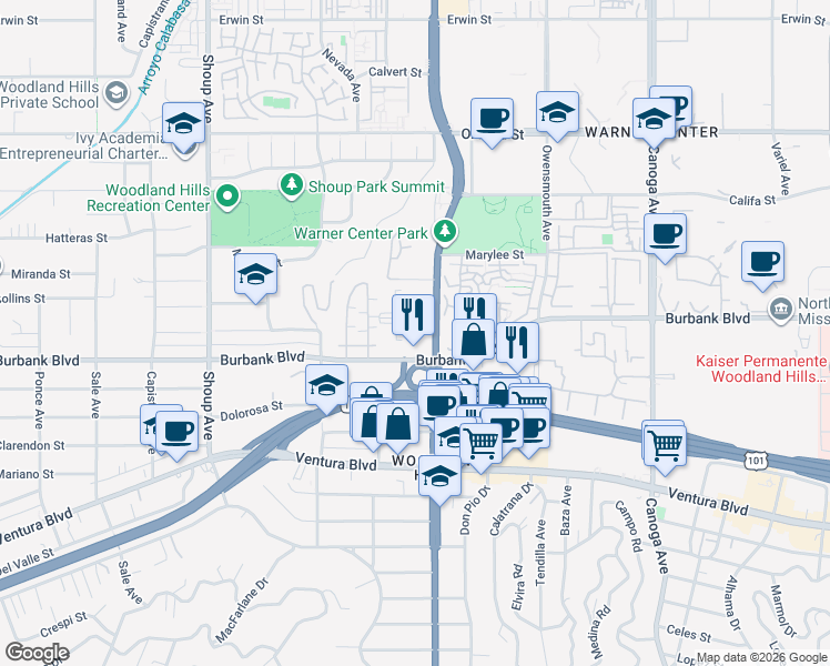 map of restaurants, bars, coffee shops, grocery stores, and more near 5633 California 27 in Los Angeles