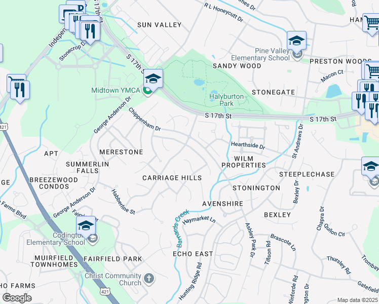 map of restaurants, bars, coffee shops, grocery stores, and more near 3804 Providence Court in Wilmington