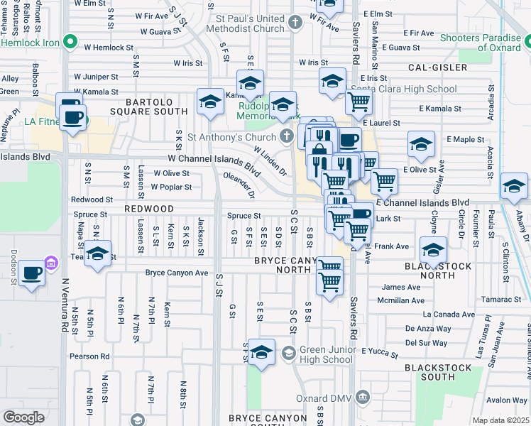 map of restaurants, bars, coffee shops, grocery stores, and more near 451 Spruce Street in Oxnard