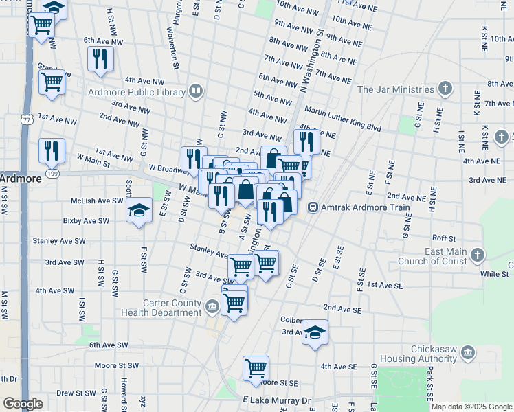 map of restaurants, bars, coffee shops, grocery stores, and more near 107 West Main Street in Ardmore