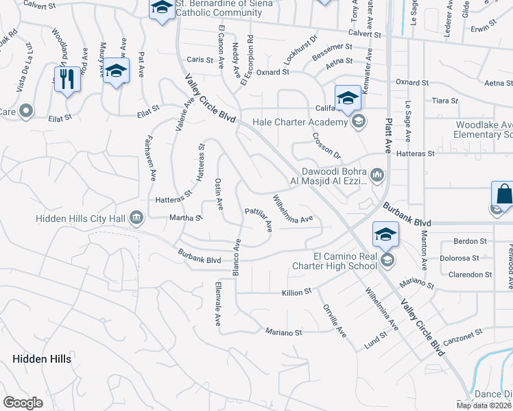 map of restaurants, bars, coffee shops, grocery stores, and more near 5556 Pattilar Avenue in Los Angeles