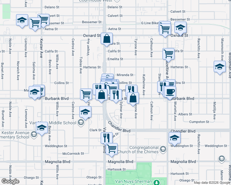 map of restaurants, bars, coffee shops, grocery stores, and more near 14418 Martha Street in Los Angeles