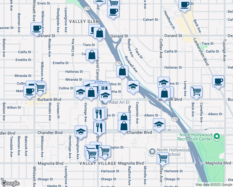 map of restaurants, bars, coffee shops, grocery stores, and more near 11952 Martha Street in Los Angeles