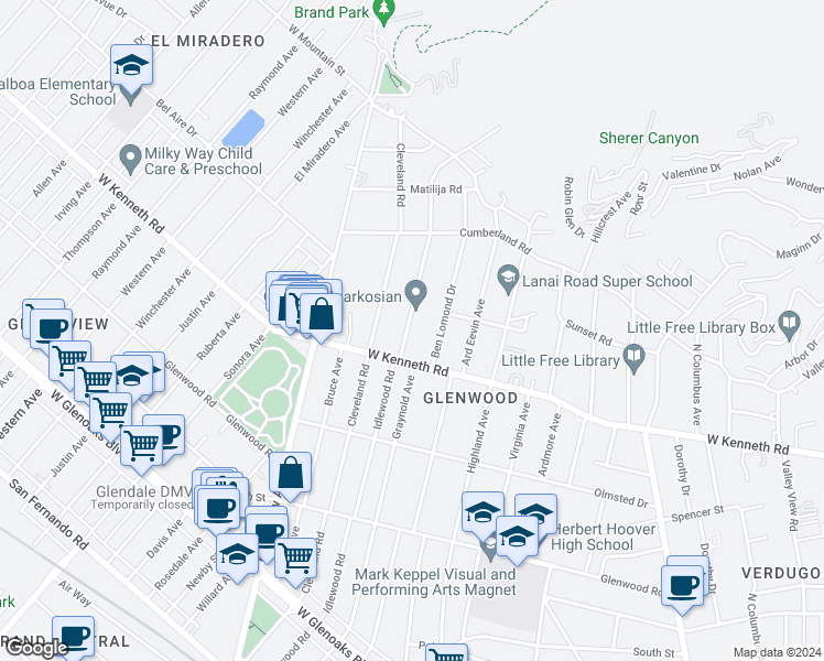 map of restaurants, bars, coffee shops, grocery stores, and more near 1524 Idlewood Road in Glendale