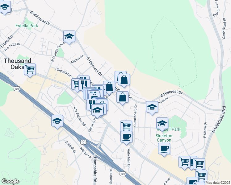 map of restaurants, bars, coffee shops, grocery stores, and more near 252 North Skyline Drive in Thousand Oaks