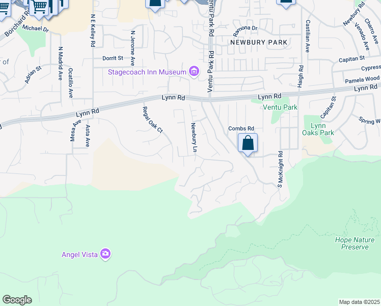 map of restaurants, bars, coffee shops, grocery stores, and more near 327 Newbury Lane in Ventura County