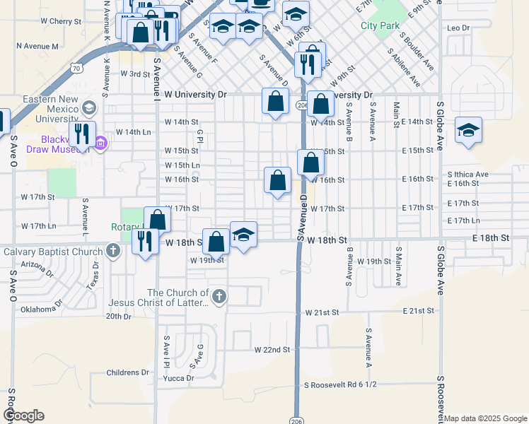 map of restaurants, bars, coffee shops, grocery stores, and more near 1709 South Avenue East in Portales