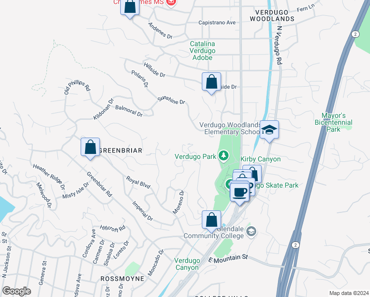 map of restaurants, bars, coffee shops, grocery stores, and more near 1944 Las Flores Drive in Glendale