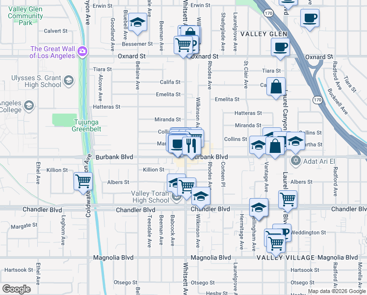 map of restaurants, bars, coffee shops, grocery stores, and more near 12500 Martha Street in Los Angeles