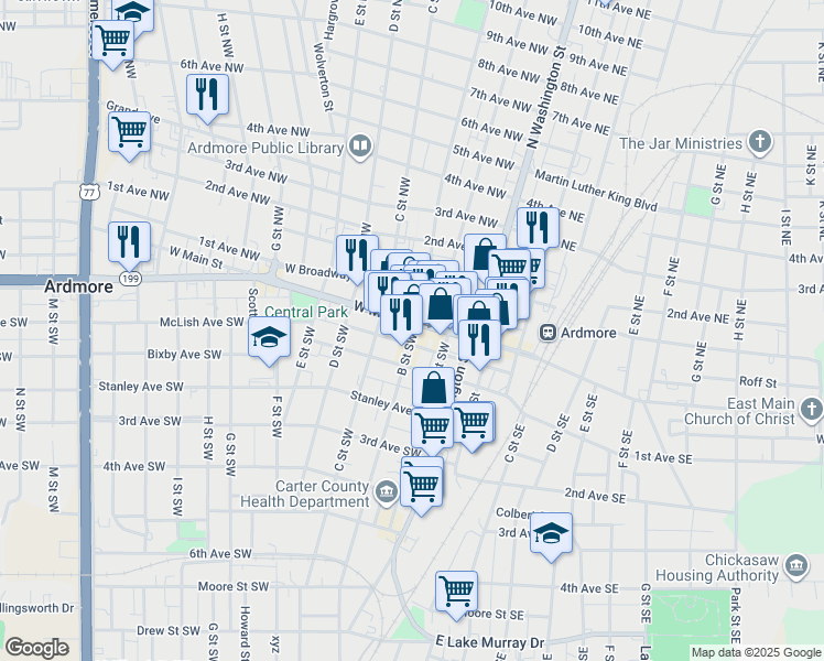 map of restaurants, bars, coffee shops, grocery stores, and more near 214 Oklahoma 199 in Ardmore