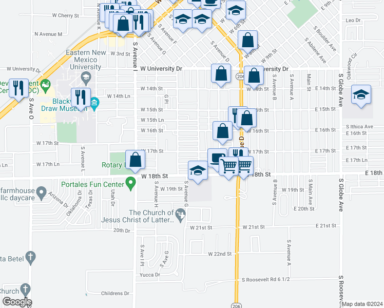 map of restaurants, bars, coffee shops, grocery stores, and more near 617 West 17th Street in Portales