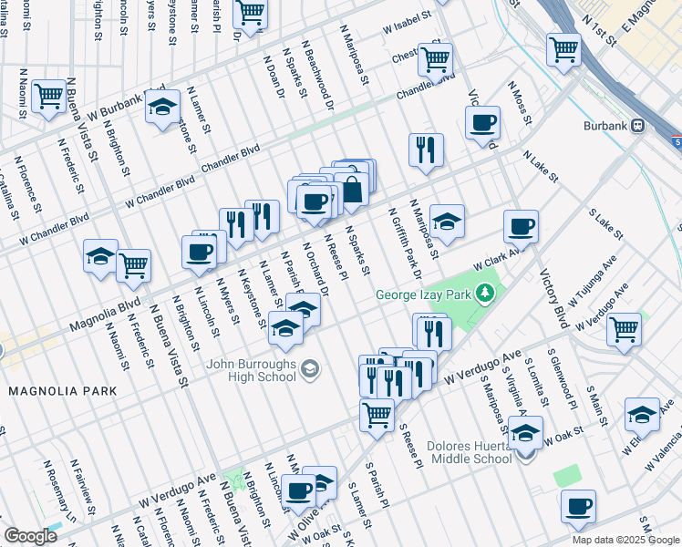 map of restaurants, bars, coffee shops, grocery stores, and more near in Burbank