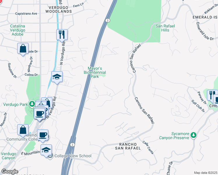 map of restaurants, bars, coffee shops, grocery stores, and more near 1730 Hillfair Drive in Glendale