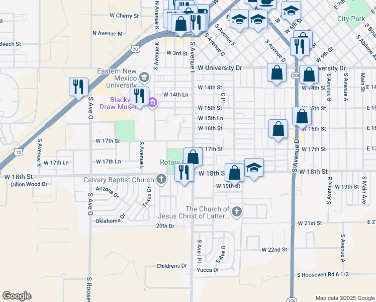 map of restaurants, bars, coffee shops, grocery stores, and more near 927 West 17th Street in Portales
