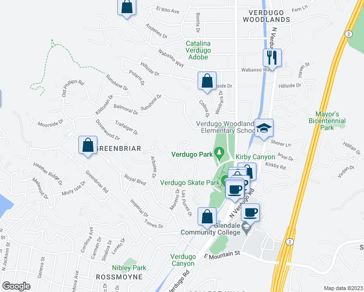 map of restaurants, bars, coffee shops, grocery stores, and more near 1944 Las Flores Drive in Glendale