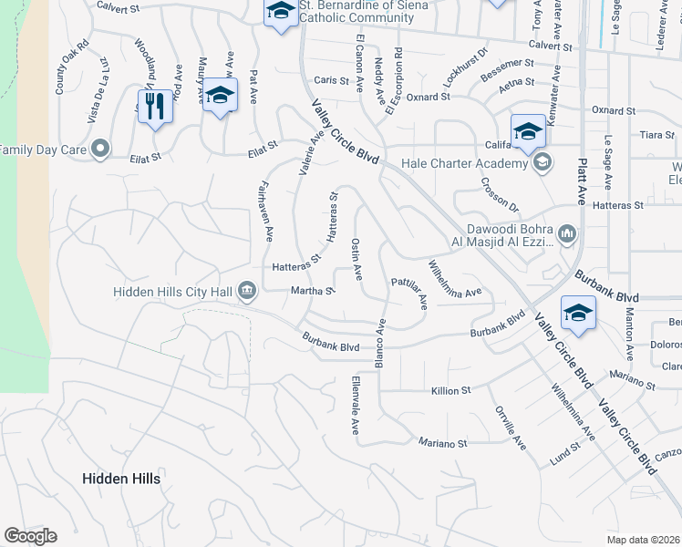 map of restaurants, bars, coffee shops, grocery stores, and more near 24248 Martha Street in Los Angeles