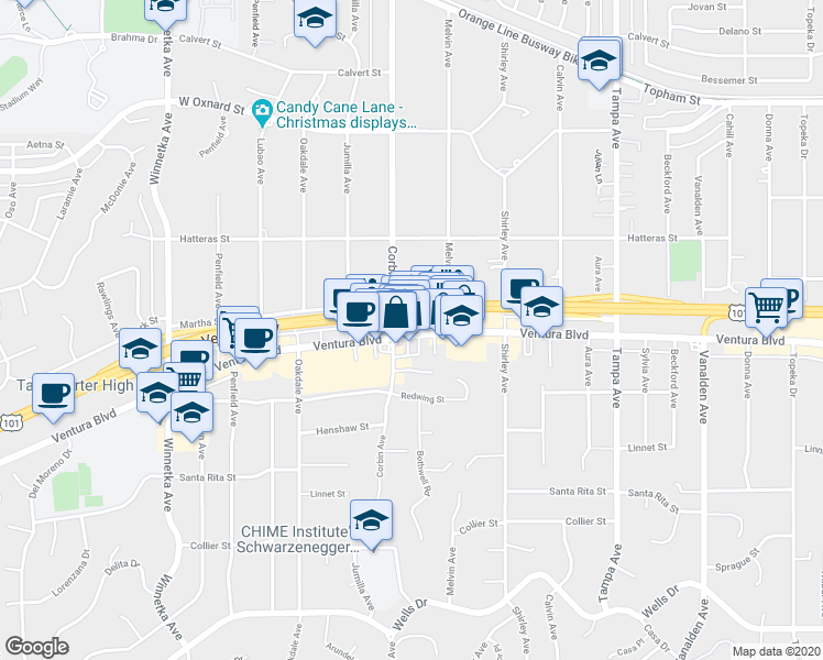 map of restaurants, bars, coffee shops, grocery stores, and more near 19643 Ventura Boulevard in Los Angeles
