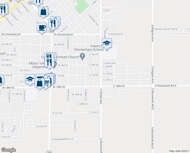 map of restaurants, bars, coffee shops, grocery stores, and more near 1705 South Abilene Avenue in Portales