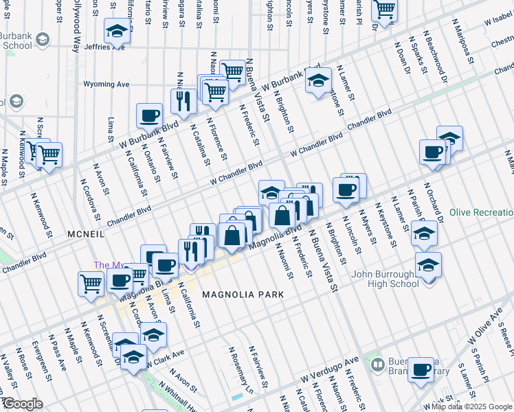 map of restaurants, bars, coffee shops, grocery stores, and more near 903 North Naomi Street in Burbank