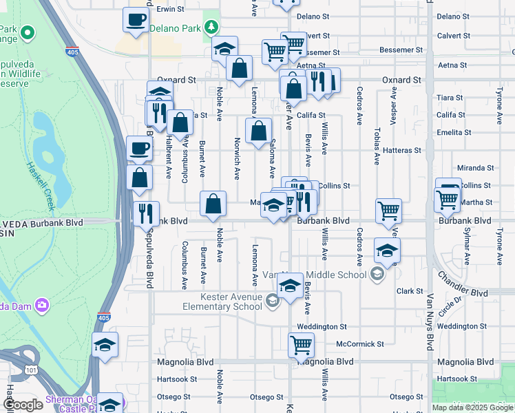 map of restaurants, bars, coffee shops, grocery stores, and more near 14956 Martha Street in Los Angeles