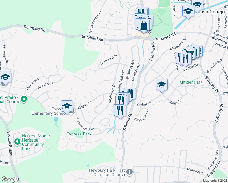map of restaurants, bars, coffee shops, grocery stores, and more near 276 Knollwood Drive in Thousand Oaks
