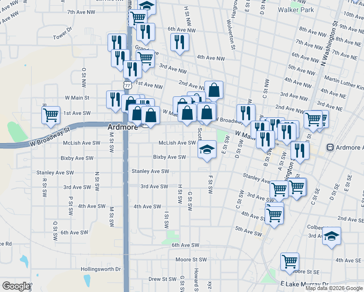 map of restaurants, bars, coffee shops, grocery stores, and more near 712 McLish Avenue Southwest in Ardmore