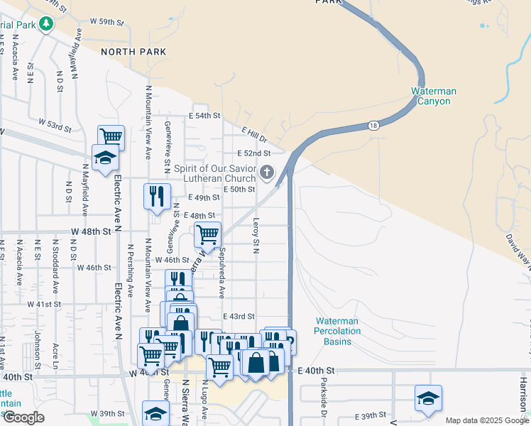 map of restaurants, bars, coffee shops, grocery stores, and more near 259 East 49th Street in San Bernardino