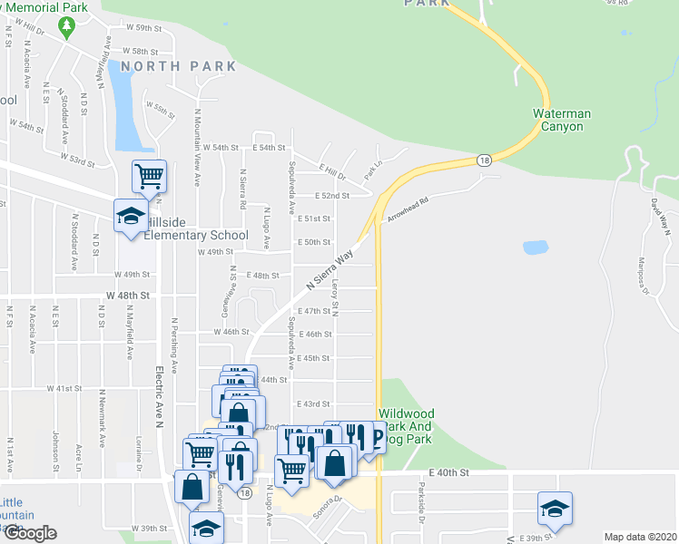 map of restaurants, bars, coffee shops, grocery stores, and more near 251 East 49th Street in San Bernardino