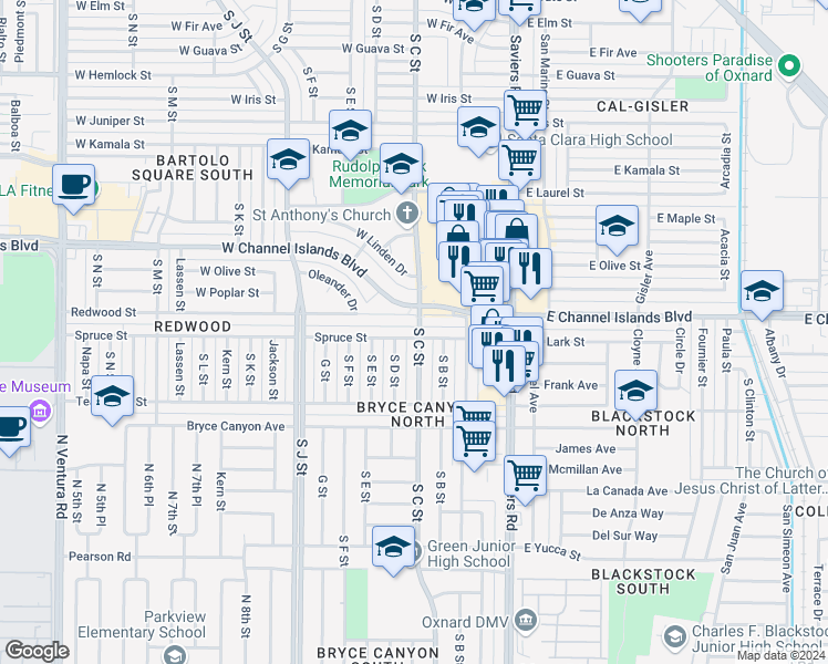 map of restaurants, bars, coffee shops, grocery stores, and more near 405 Spruce Street in Oxnard