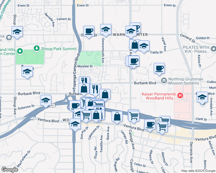 map of restaurants, bars, coffee shops, grocery stores, and more near 21620 Burbank Boulevard in Los Angeles