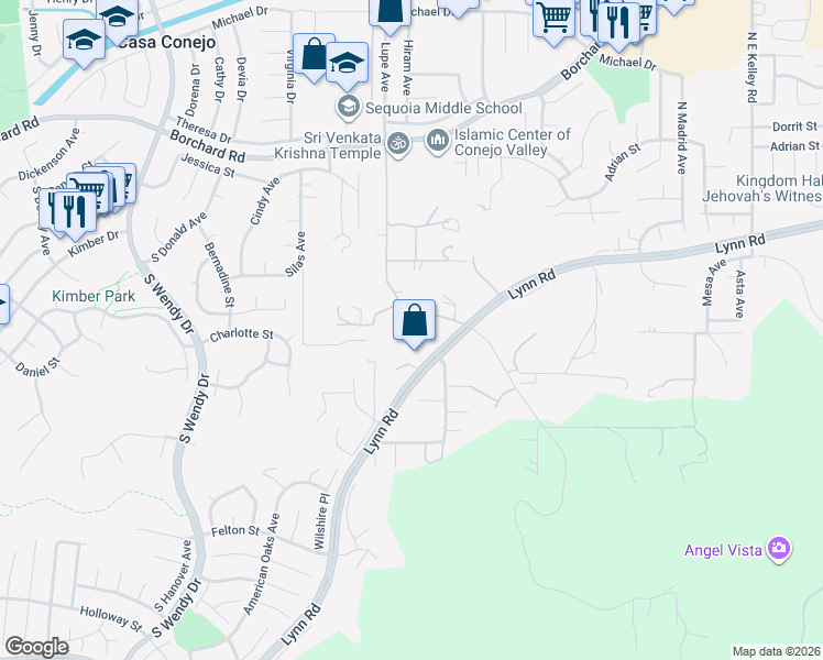 map of restaurants, bars, coffee shops, grocery stores, and more near 265 West Kelly Road in Thousand Oaks