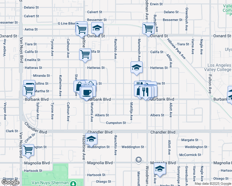 map of restaurants, bars, coffee shops, grocery stores, and more near 5626 Ranchito Avenue in Los Angeles