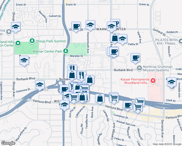 map of restaurants, bars, coffee shops, grocery stores, and more near 21650 Burbank Boulevard in Los Angeles