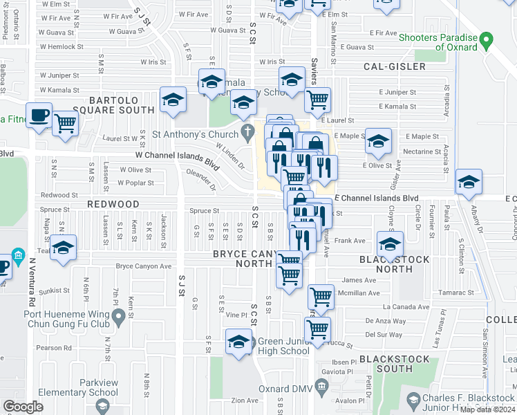 map of restaurants, bars, coffee shops, grocery stores, and more near 331 Spruce Street in Oxnard