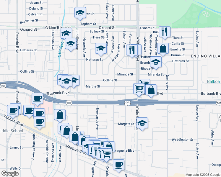 map of restaurants, bars, coffee shops, grocery stores, and more near 17912 Martha Street in Los Angeles