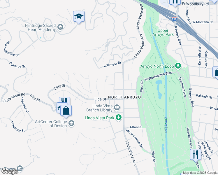 map of restaurants, bars, coffee shops, grocery stores, and more near 1340 Lomay Place in Pasadena