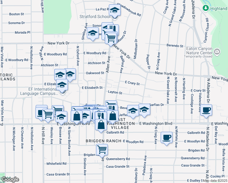 map of restaurants, bars, coffee shops, grocery stores, and more near 1897 Layton Street in Pasadena