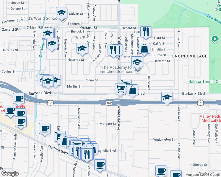 map of restaurants, bars, coffee shops, grocery stores, and more near 17730 Martha Street in Los Angeles
