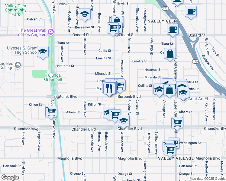 map of restaurants, bars, coffee shops, grocery stores, and more near 12500 Martha Street in Los Angeles